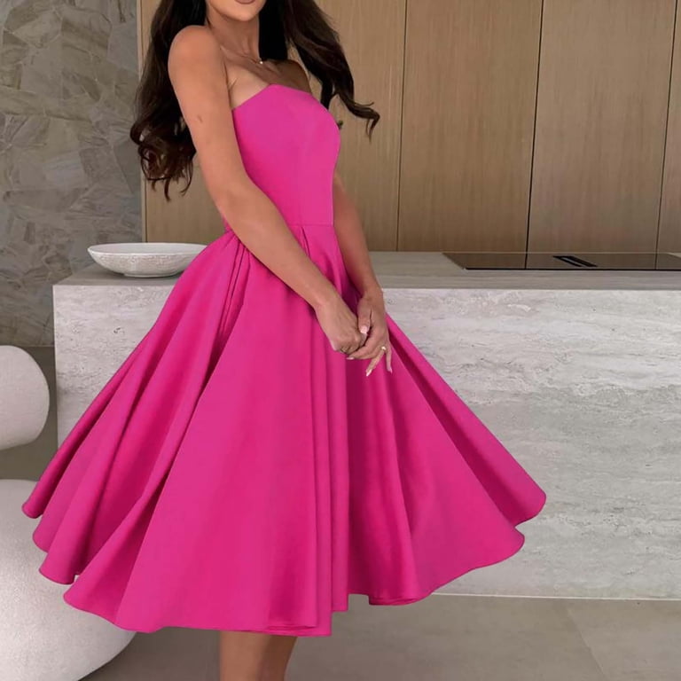 Htigea Women Off Shoulder Midi Dress Strapless Sleeveless Prom Dress Trendy  Summer Holiday Party Dress Hot Pink,2XL - Walmart.com
