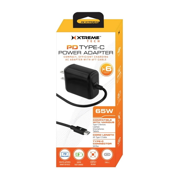 Xtreme Universal 65W Type-C Fast Charger with Power Delivery for Laptops, Tablets and Phones iPad, Samsung, 6ft Super Speed USB-C