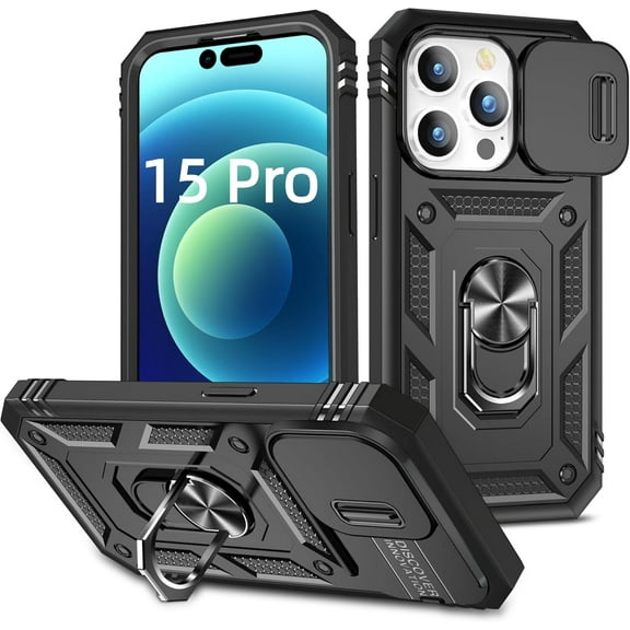 Protection Case for iPhone 15 Pro 6.1" Ring Case with Camera Lens Cover Military Grade Heavy Duty Dual Layer Full Body Shockproof Protection Shell for iPhone 15 Pro 6.1" 2023 - Black