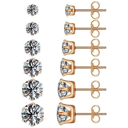 Rose Gold 6 Pairs Crystal Cartilage Tiny Stud Earrings Set Cubic Zirconia 316L Stainless Steel Tragus Studs for Women Men