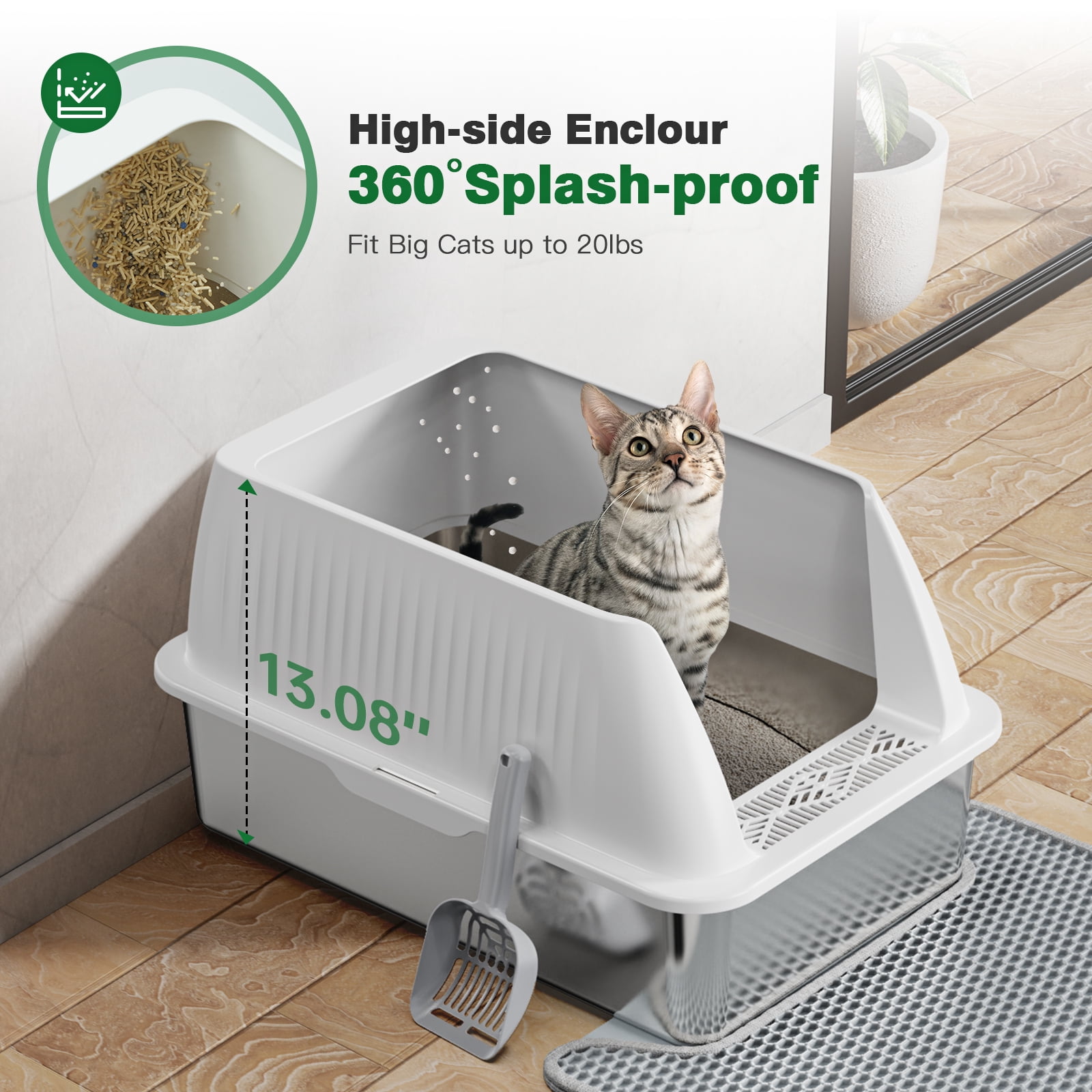 Pawward Stainless Steel Cat Litter Box with Scoop & Mat, Large Enclosed Litter Box with Lid,  High-Walled Design
