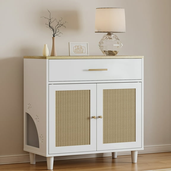 ZephyPaws Cat Litter Box Enclosure Furniture,Indoor 2-in-1 Wooden Hidden Cat House & Bathroom Cabinet with Scratching Board Doors and Drawer, 32"x 16"x 33"H - White