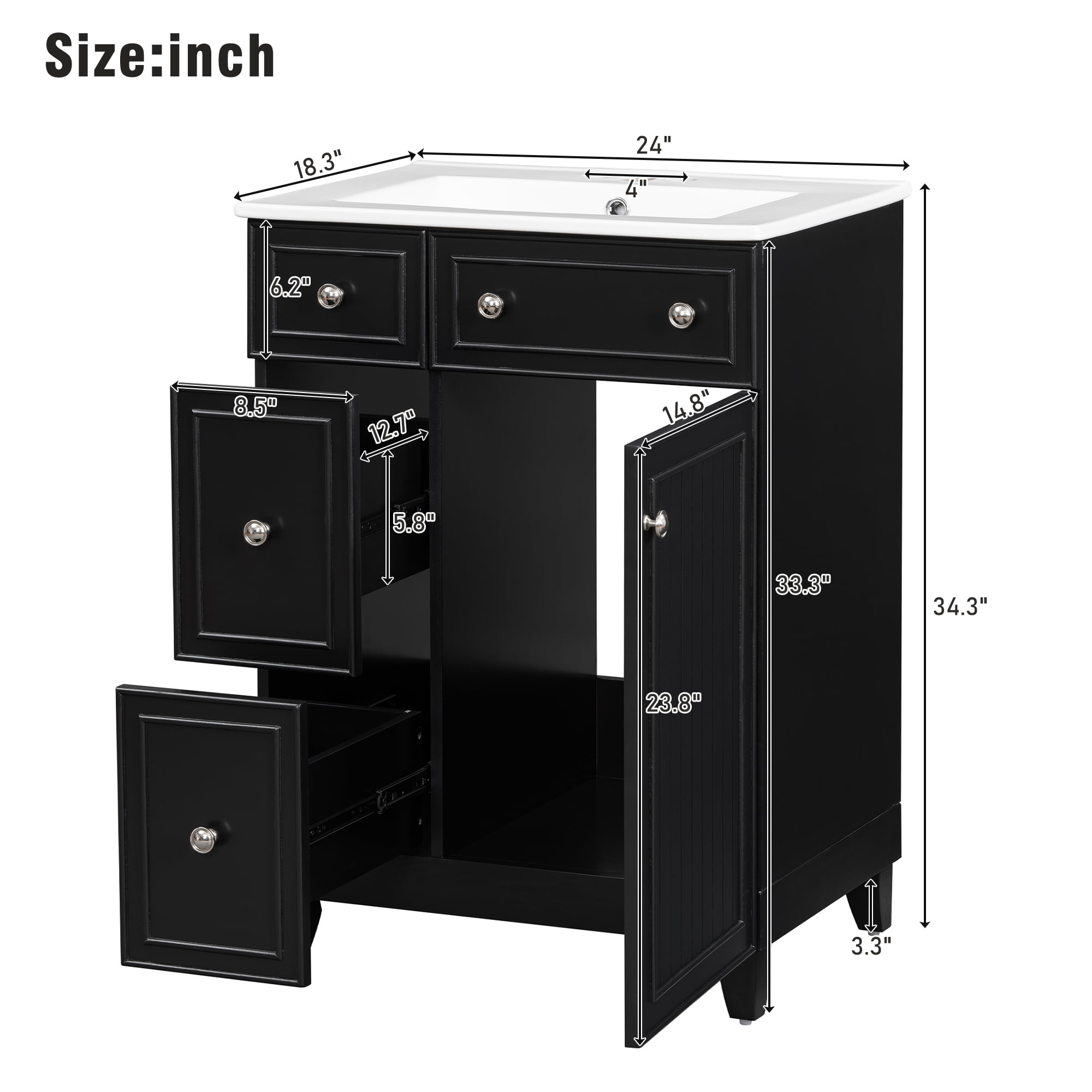 EUROCO Bathroom Vanity with Ceramic Sink, 24" Freestanding Bathroom Cabinet Vanity with 2 Drawers,Lager Storage,1 Door ,Solid Wood Frame Bathroom Vanities,Black