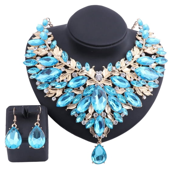 Fashion Women Bridal Choker Statement Crystal Teardrop Necklaces Earring Collar Boho Costume Jewelry Sets