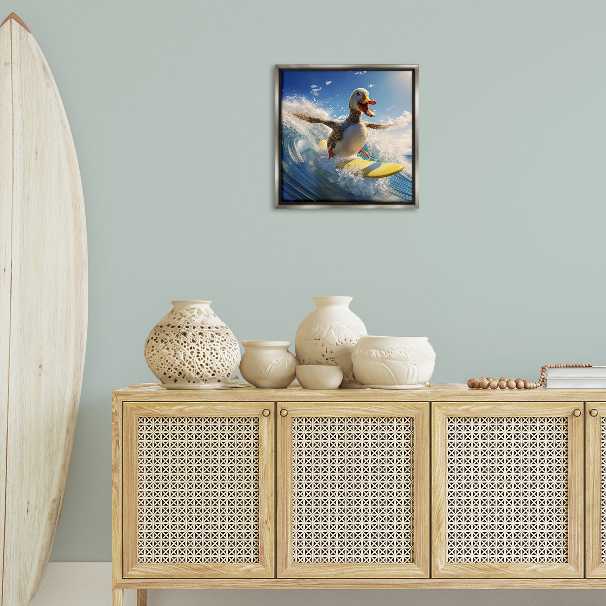 Stupell Industries Happy Surfing Duck Coastal Painting Gray Floater Framed Canvas Art Print Wall Art, 18 x 18