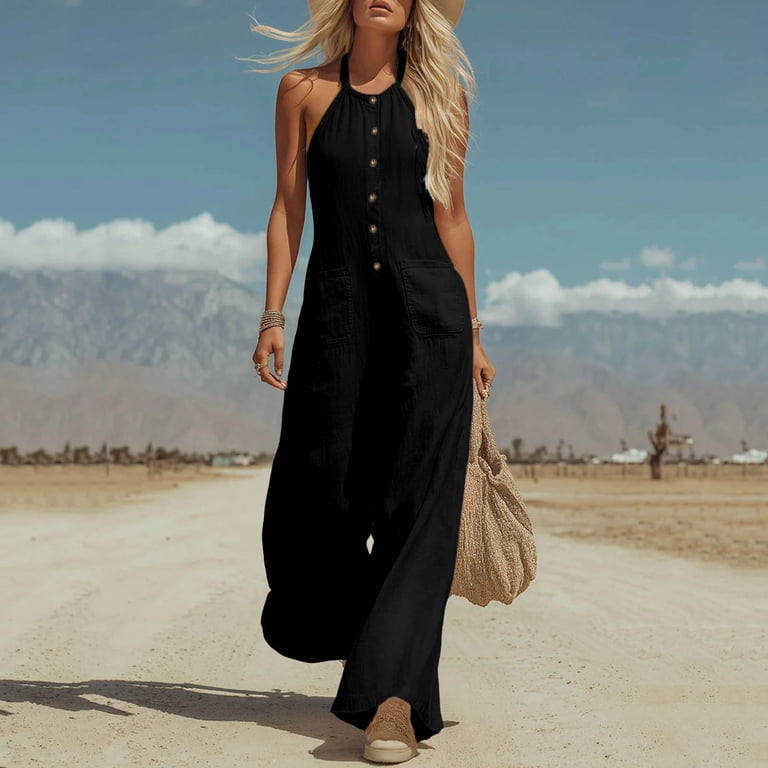 elegant romper dresses Hueook Dressy Jumpsuits for Women One Piece Backless Women's Imitation  Linen Fashionable Loose Casual V-neck Suspender with Adjustable Buckle and