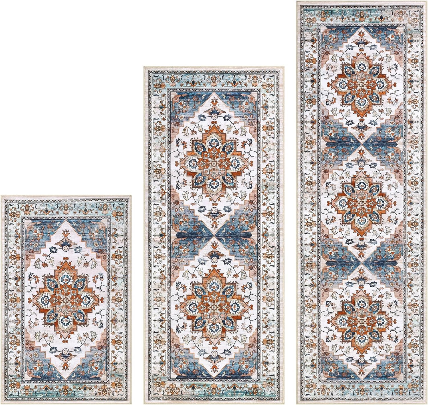 Kitchen Rug and Mat, Yamaziot Boho Kitchen Rug Set of 3, Non Slip Washable Farmhouse Floor Mat Hallway Runner, Laundry Room Carpet