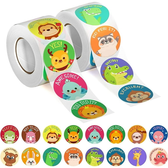 JUMRHFAN 1000 Pcs Children Incentive Stickers,Teacher Incentive Stickers, Animal Cartoon Motivational Stickers, Primary Training Stickers,16 Designs (1 in/2 Rolls)
