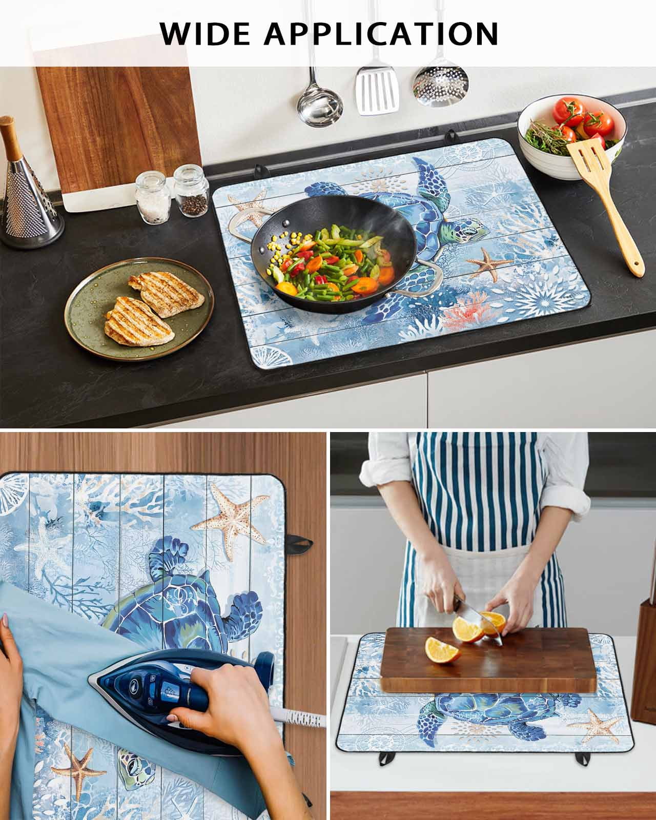 nqOlkjepod Large Induction Cooktop Protector Mat 36"x21", Blue Turtle Coastal Stove Top Covers for Electric Stove, Summer Beach Starfish Nautical Stove Burner Cover Mats, Glass Top Stove Cover