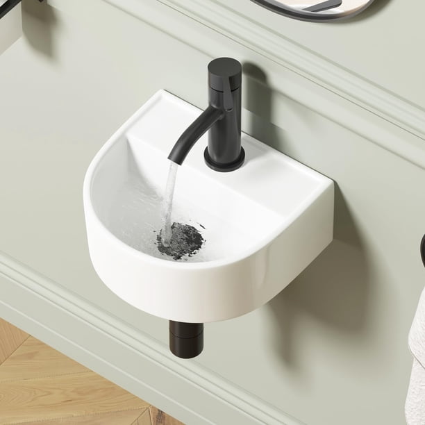 Lavabo de baño QISHKA semiovalado para colgar en la pared, blanco