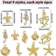thumbnail image 2 of 1 caja de 54 piezas con 9 estilos de dijes dorados de temática marina: tortugas, estrellas de mar, caballitos de mar, sirenas, animales marinos y conchas. Adornos veraniegos para la playa., 2 of 6