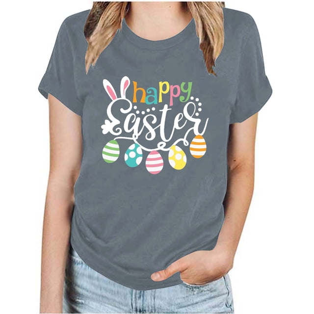Tops pour Femmes 2024 Casual Été en Vrac Plus Size Pâques Blouse Imprimée Graphique Tops Mode Col Rond Manches Courtes T-shirt