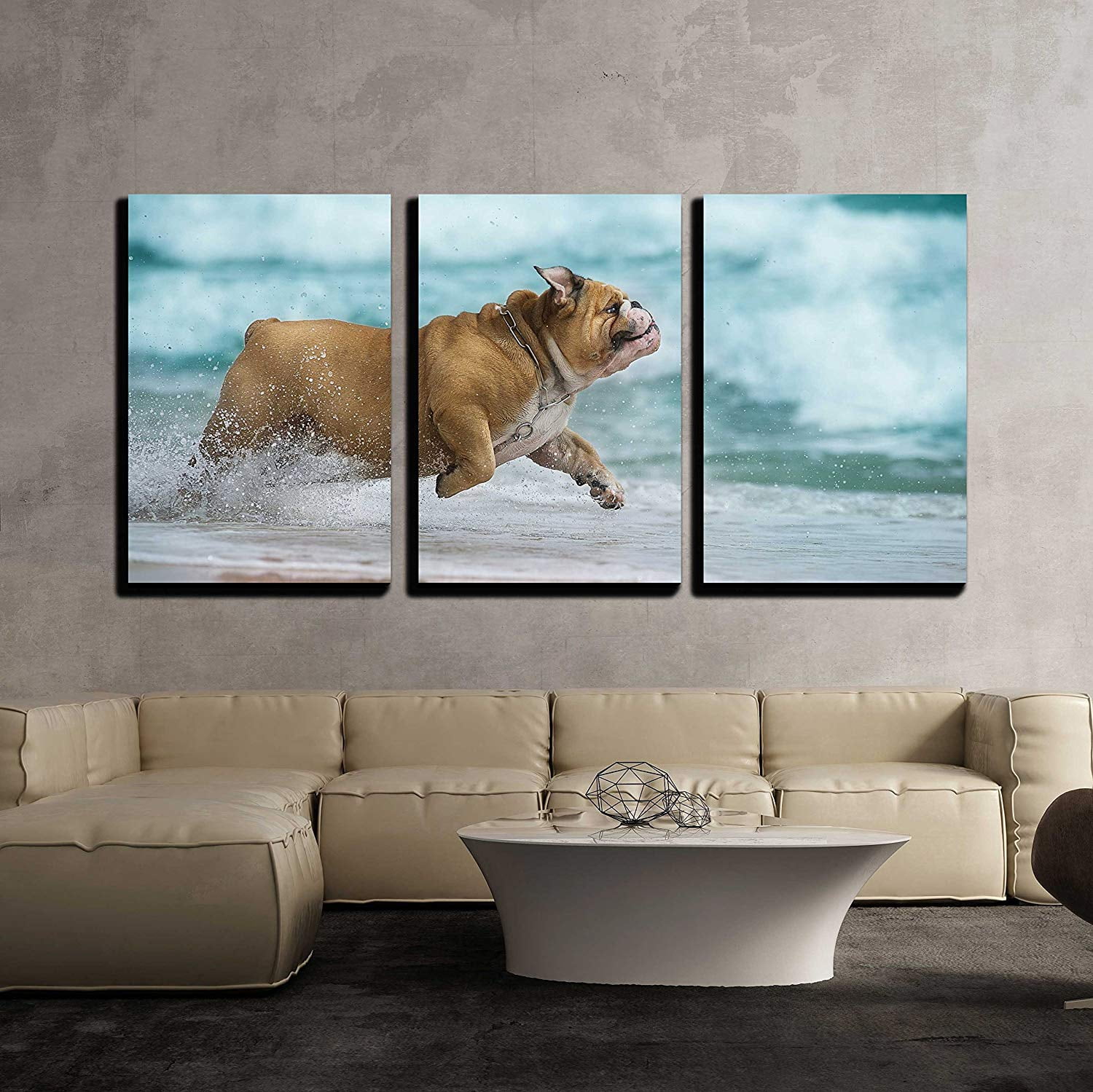 Wall26 3 Piece Canvas Wall Art Happy Dog Bulldog Running at the Sea