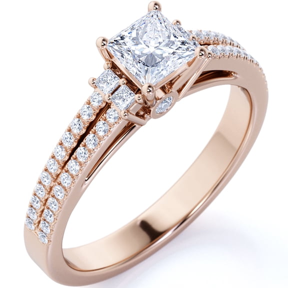JeenMata Stunning 1.25 Carat Princess Cut Moissanite - Pave Ring - Antique Ring - Double Band Engagement Ring - 18K Rose Gold over Silver
