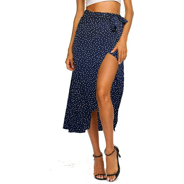Jupe Boho Léopard Haute Basse Split Été Plage Jupes Midi Wrap (Point de Vague Bleu, XXL)