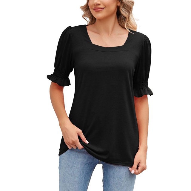 Gibobby Playera de Manga Corta Casual Suave Verano sólido cuello cuadrado princesa manga corta manga suelta camiseta mujer Top(Negro,M)