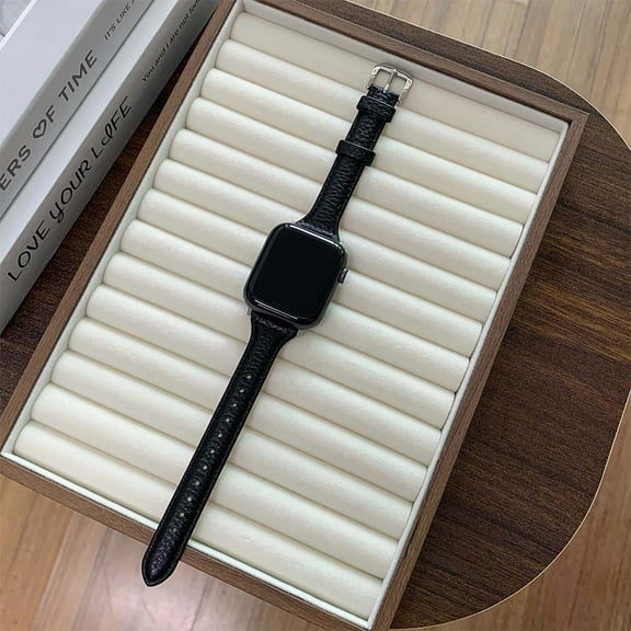 Sleektime Leather Band Compatible with Apple Watch 42mm 44mm 45mm 46mm 49mm, Adjustable Business Fashion Watch Strap with Basic Case, Comfortable Wristwatch Replacement,Black