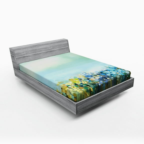 Ambesonne Flowers Fitted Sheet, Aqua Painting Effect, Queen Size, Pale Blue