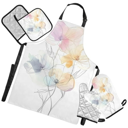 Ryvnso Watercolor Flower Kitchen Apron Oven Mitts Set Pot Holders