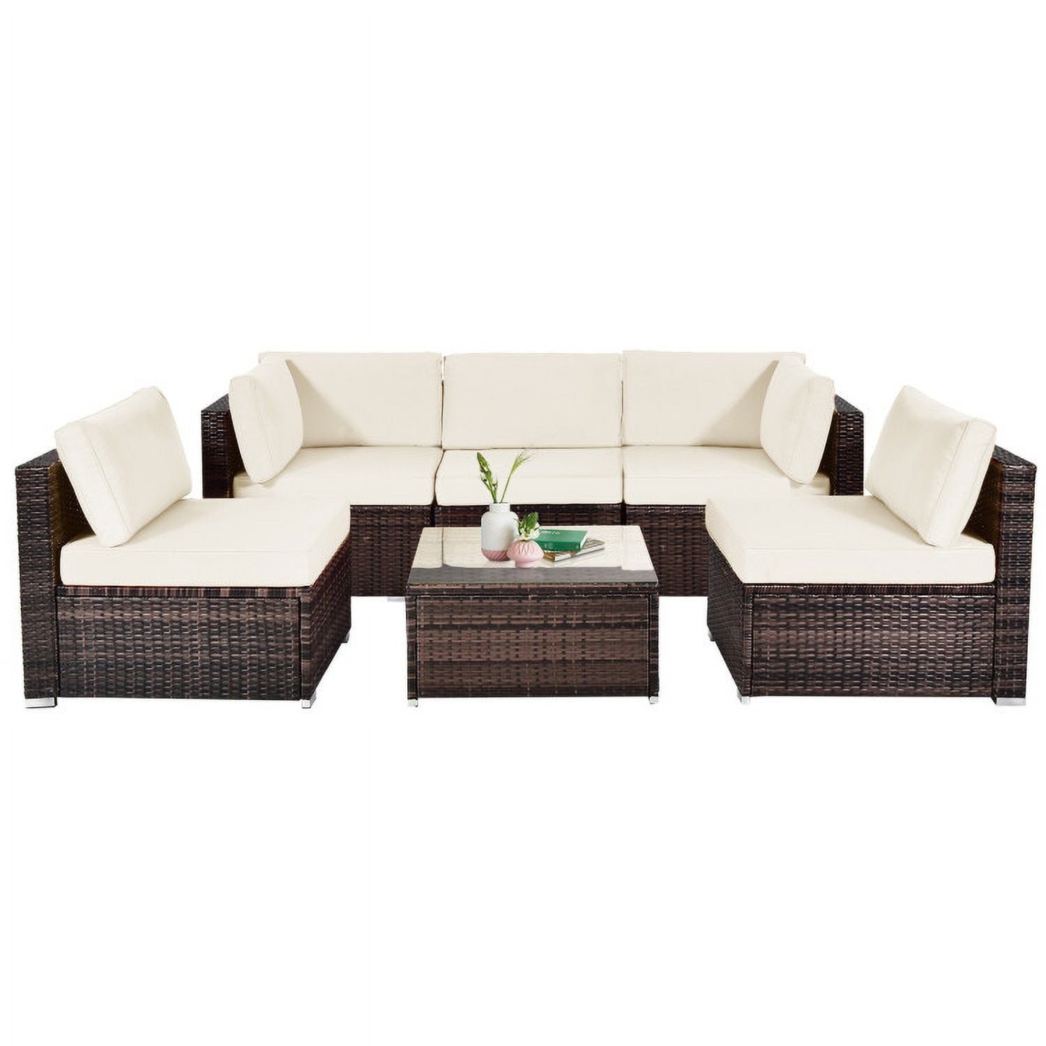 Aimee Lii 6 Pieces Patio Rattan Sectional Furniture Set with Cushions and Coffee Table, Outdoor Deck Furniture, White