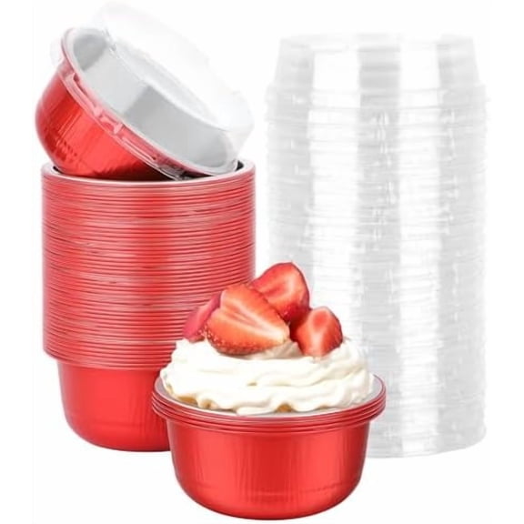 Disposable Baking Cups With Lids, 50 Pack 6.1oz 180ml Aluminum Foil Ramekins Round Baking Mini Cupcake Oven Cups for Party - Red