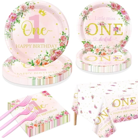 Floral 1st Birthday Party Supplies for 20 Guests - Miss Onederful Plates, Napkins, Forks, Tablecloth for Girls Baby First Party Decorations
