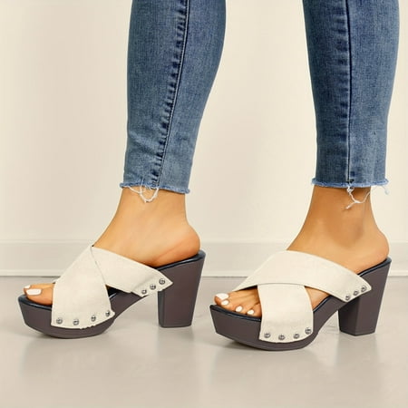 

2024 Women s Comfy Criss Cross Open Toe Platform Heeled Sandals -Slip-on Chunky High Heels-37