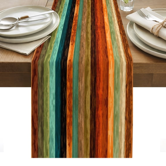 Orange Teal Wooden Table Runner Farmhouse Striped Modern Art Tablerunners 13 x 120 Inch, Table Decorations Tabletop Scarf for Summer Gathering Holiday Farmhouse Kitchen Dining Decor