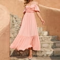 thumbnail image 4 of Summer Dress for Women Off Shoulder Spaghetti Strap Boho Dress Ruched Ruffle Short Sleeve Flowy Beach Party Maxi Dress, 4 of 9
