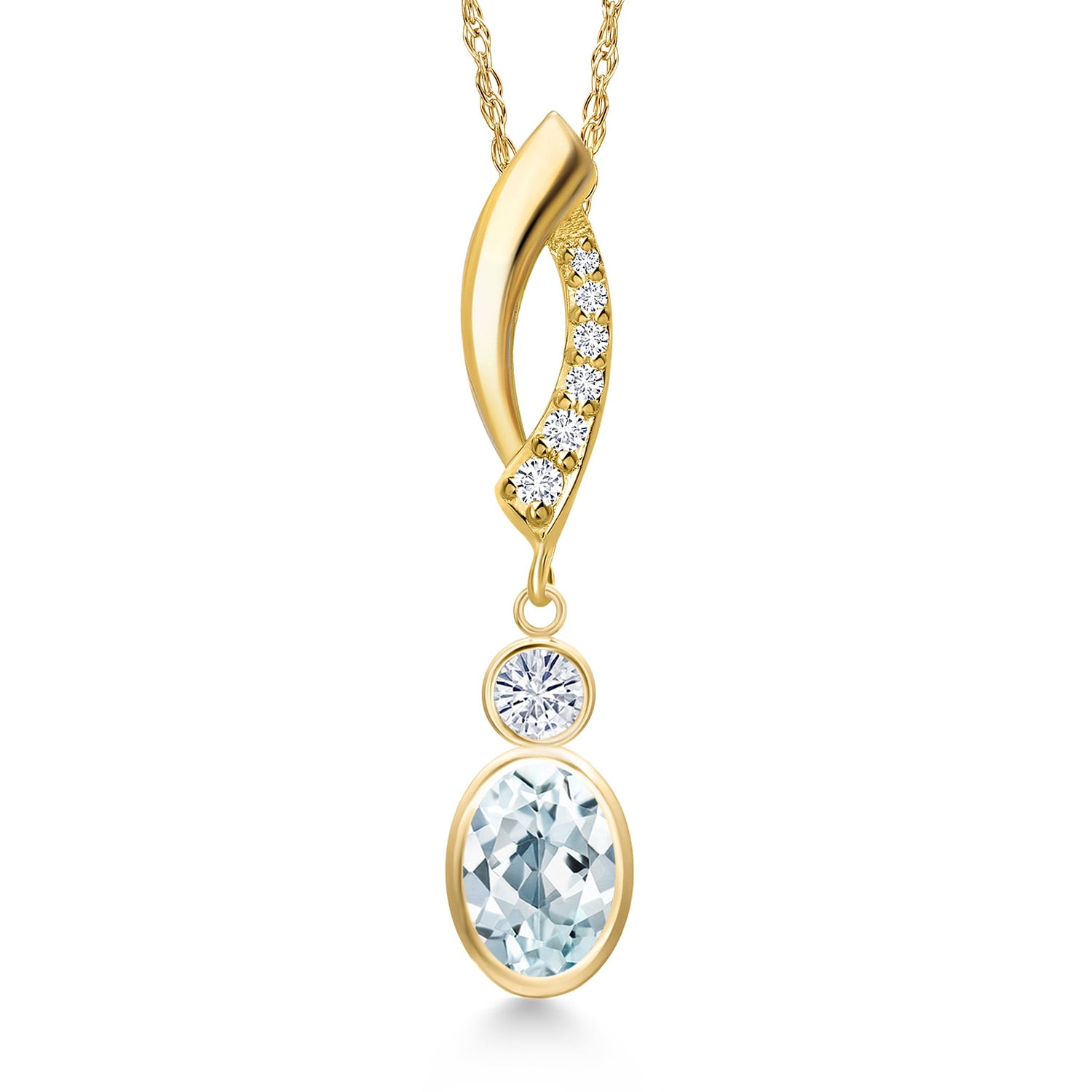 Gem Stone King 14K Yellow Gold Sky Blue Aquamarine and White Moissanite and Lab Grown Diamond Pendant Necklace for Women | 0.91 Cttw | Gemstone March Birthstone | Oval 7X5MM | With 18 inch Chain