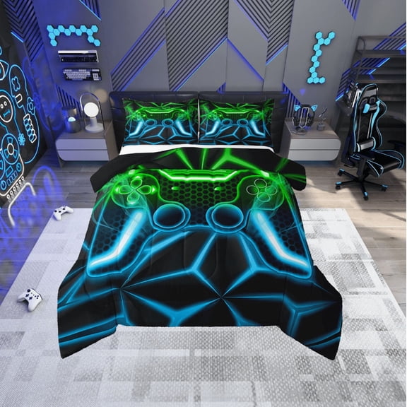 Erosebridal Teens Gamepads Bedding Twin Comforter Set,Blue Green Down Comforter,Video Game Bedding Sets Twin with Comforter,Breathable Geometric Room Decor,Reversible,2-Piece