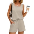 thumbnail image 4 of VISALY Two Piece Lounge Shorts Sets for Women Summer Square Neck Sleeveless Tank Drawstring Elastic Waist Shorts with Pocket Summer Soft Comfortable Casual Sweatsuit Homewear Outfit Khaki M, 4 of 8