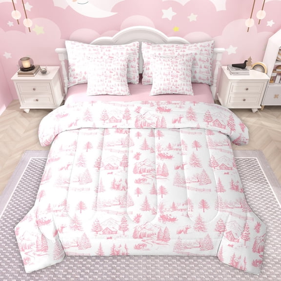 Homewish Western Rustic Cabin Twin Bedding Sets 7-Piece for Kids, Jungle Bear Wildlife Bedding Comforter Set, Pink Cartoon Tree Reversible Sheet Sets, Lightweight Room Decor