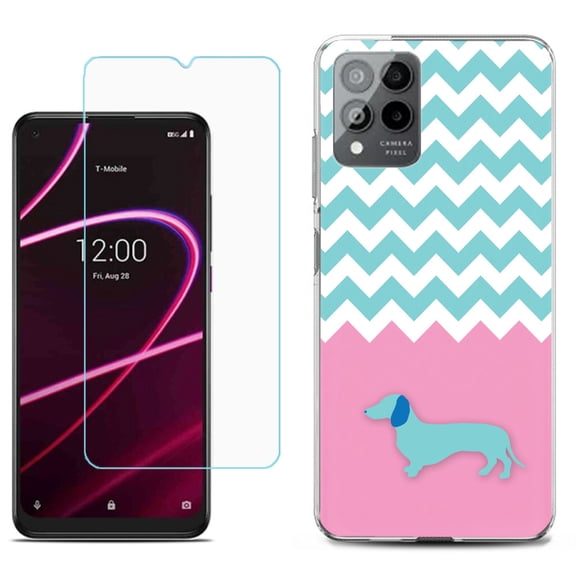 Slim-Fit Gel TPU Phone Case for T-Mobile Revvl 6 Pro 5G, with Tempered Glass Screen Protector, by OneToughShield ® - Chevron/Dachshund/Puppy