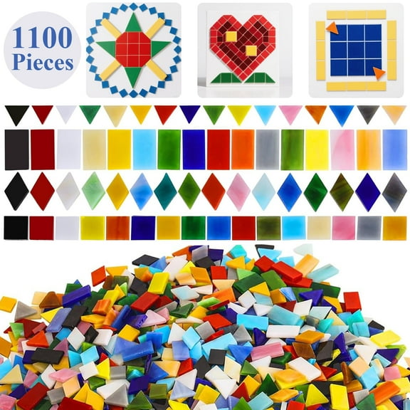 Yalumo 1100 Pieces Mosaic Tiles, Glass Mosaic Tiles for Crafts Bulk, Mixed Shapes Stained Glass Mosaic Pieces, Mosaic Kit for Adults Art Craft, DIY Projects, Home Decoration, Opaque