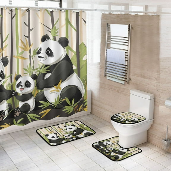 4 Pcs Cute Panda Family Bathroom Shower Curtain Set with 12 Hooks Bath Mat Toilet Lid Cover
