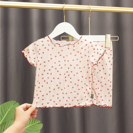 ITSAME Girls Outfit 2-Piece Cotton Ruffle Printed Top and Pants Kids Fashion Casual Loungewear Set Red Size 7-8