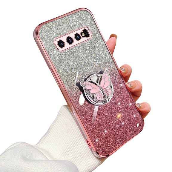 Slim Case for Samsung Galaxy S10 Plus Cover Electroplated Silicone with Bling Butterfly Stand Phone Case for Samsung S10 Plus with Glitter Card Anti-Fingerprint Cover Compatible with Galaxy