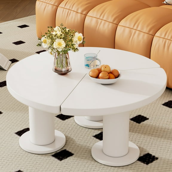 Dovelina Φ39.4'' Easy Assembly Round Petal-Shaped Coffee Table, Cream Style Center Table with 3 Thick Legs, Minimalist Irregular End Table with Sleek Round Edges for Living Room, White