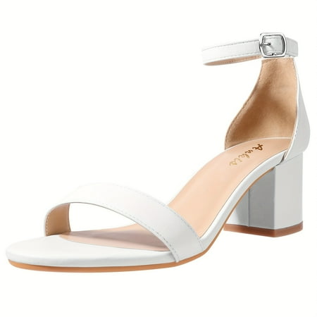 FLTHDD Womens Chunky Heeled Sandals Solid Color Open Toe Ankle Buckle Strap High Heels All-Match Dress Shoes For Wedding Banquet & Office Gift