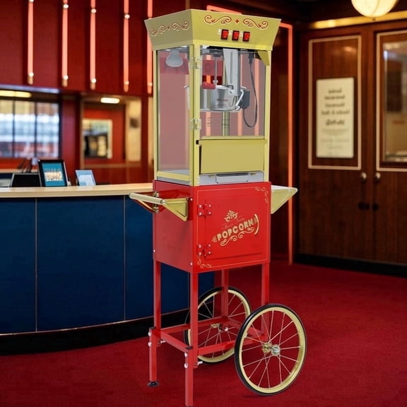 12oz Popcorn Machine with Wheels, Vintage Movie Theater Style Popcorn Maker, Red Popper for Parties.