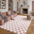 thumbnail image 4 of BERTHMEER 6'x9' Pink White Fluffy Shag Area Rugs for Living Room Bedroom Ultra-Soft Geometric Modern Indoor Checkered Rugs Carpets, 4 of 8