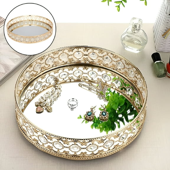 LAMIRO Mirrored Vanity Tray, Decorative Serving Tray Crystal Round Mirror Tray for Display, Dresser and Bathroom, Elegant Mirror Tray