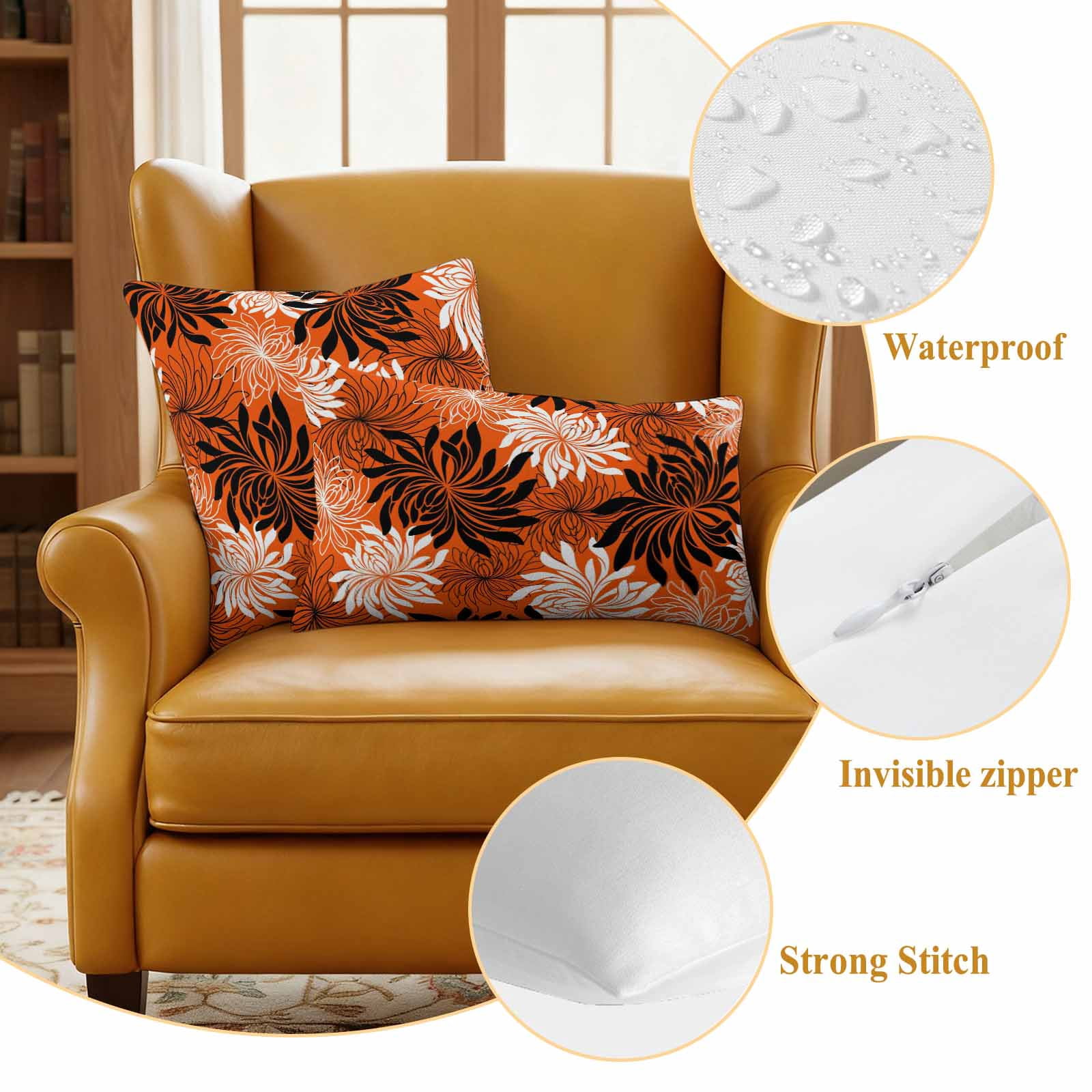 Orange Black Flowers Outdoor Waterproof Throw Pillow Covers 20x20 Set of 2, Modern Abstract Blooms Floral Decorative Pillowcases Cushion Pillowcase for Couch Sofa Patio Outside Pillow Protector