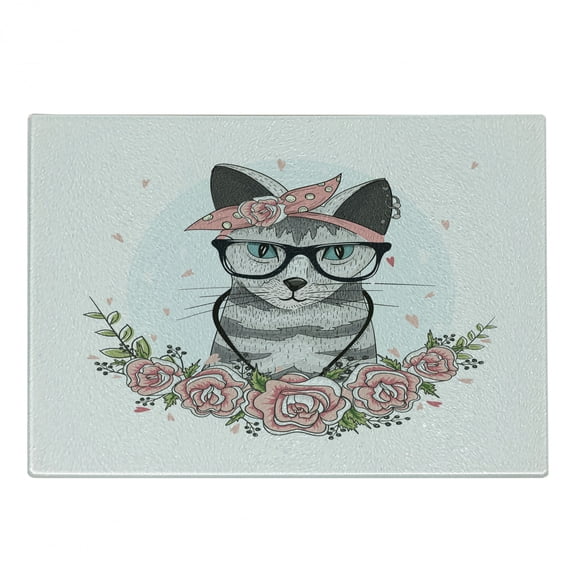 Kitten Cutting Board, Hipster Cool Cat with Spectacles Scarf Necklace Earrings and Flowers Little Hearts, Decorative Tempered Glass Cutting and Serving Board, Small Size, Multicolor, by Ambesonne