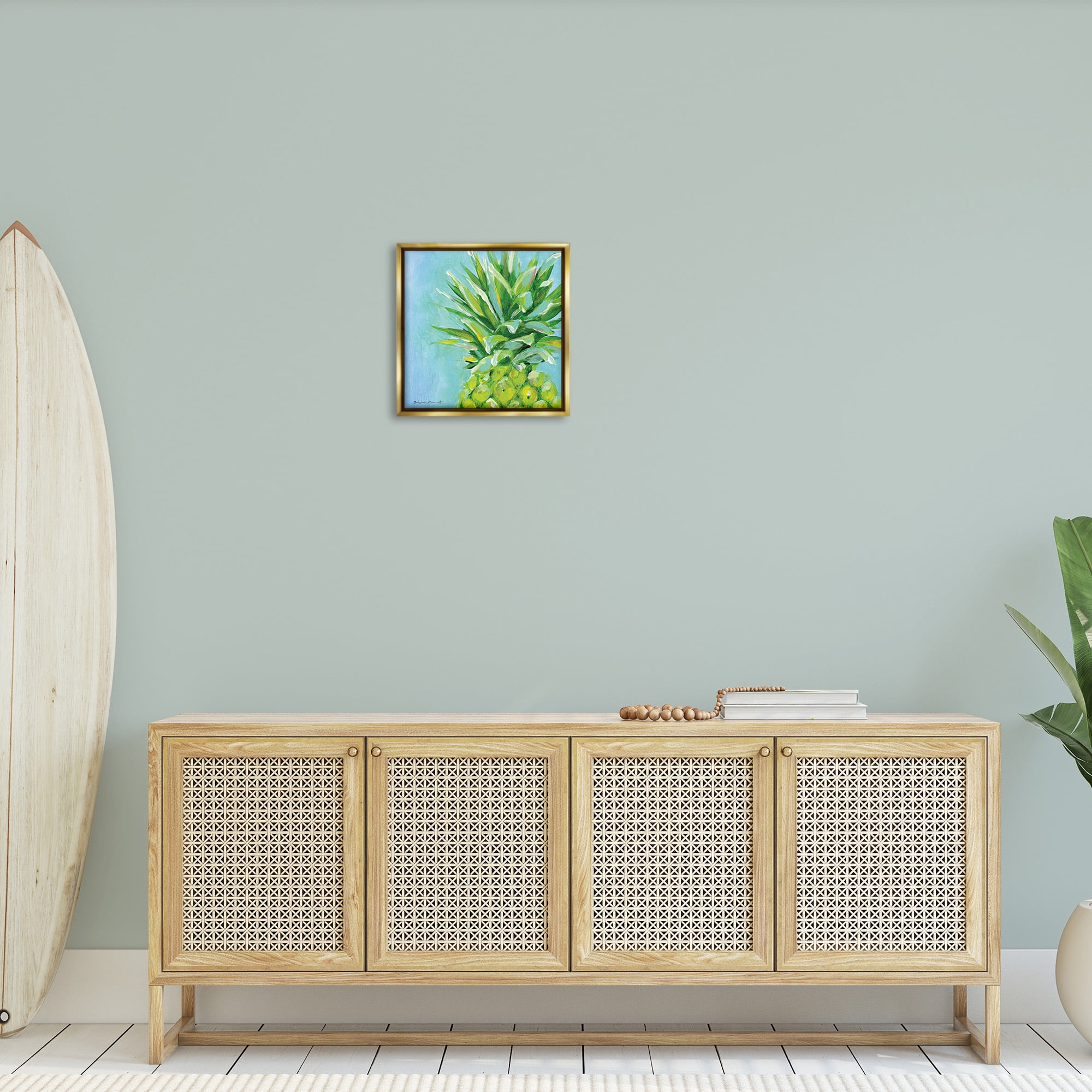 Stupell Industries Tropical Pineapple on Blue Food & Beverage Painting Gold Floater Framed Canvas Art Print Wall Art, 18 x 18