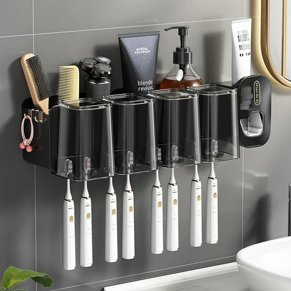 Wall Toothbrush Holder for Bathroom, Toothpaste Holder and Dispenser, 4 Cups Toothbrush Holder Wall Mounted Bathroom Organizer Accessories, Black