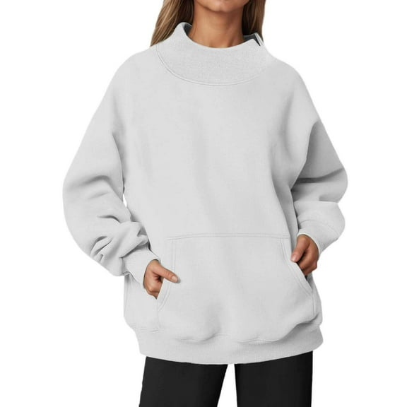 Fiaer Womens Crew Neck Sweatshirts Long Sleeve Pullover Oversized Loose Fit Comfort Solid Basic Tops with Pocket White XL