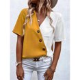 thumbnail image 2 of Camiseta De Verano Cuello En V Botón Oblicuo Bloque De Color Casual Cómodo Top De Mujer Para Ir De Compras Trabajo Amarillo M, 2 of 6