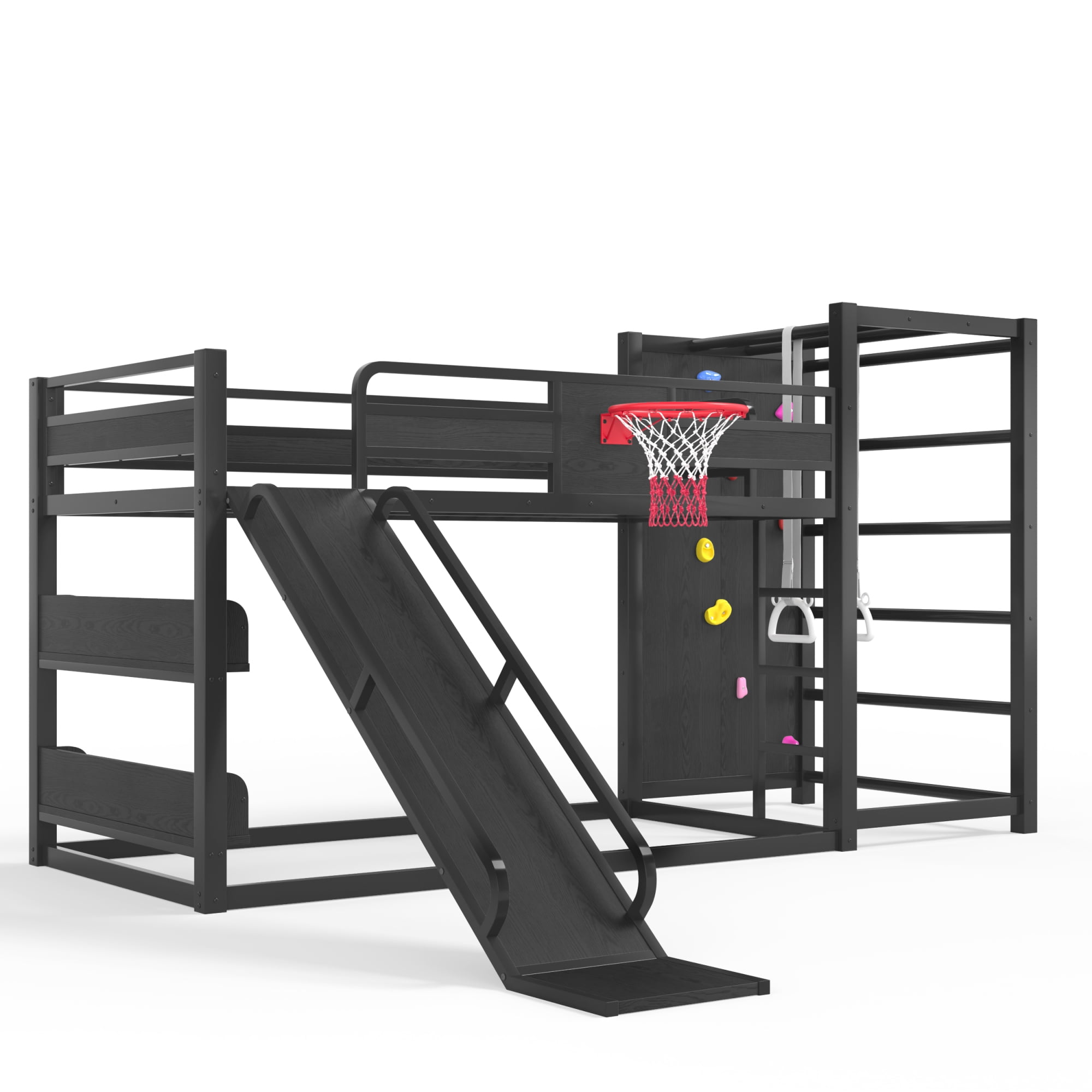 Twin XL Size Loft/Bunk Bed with Basketball Hoop, Pull-up Rings and Climbing Wall, Metal Loft Bed Frame with Slide and Bookshelves, Heavy Duty Bunk Beds with Guardrail